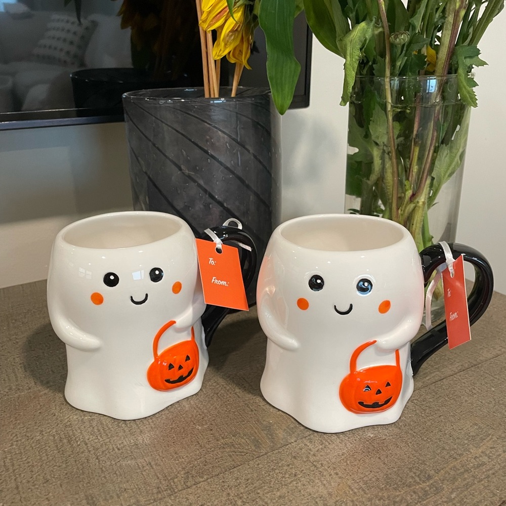 LANG WHITE CERAMIC GHOST MUGS W/ORANGE PUMPKINS 2023